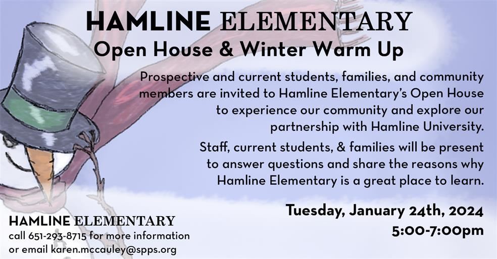 A colorful flier with text inviting families to Hamline's open house.